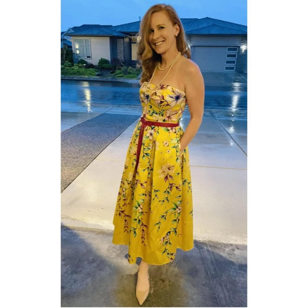 Marchesa Notte Strapless Yellow Floral Tea Dress $795